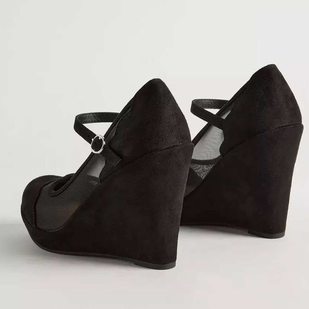 Torrid 10.5WW 10.5 Wide Sexy Black Platform Faux Suede & Mesh 4.5" Wedge Heels - Picture 3 of 3